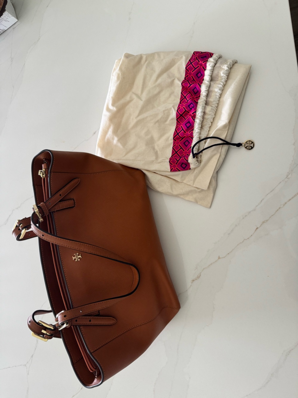 Tory Burch Chestnut Brown Saffiano Leather Tote with Dust Bag